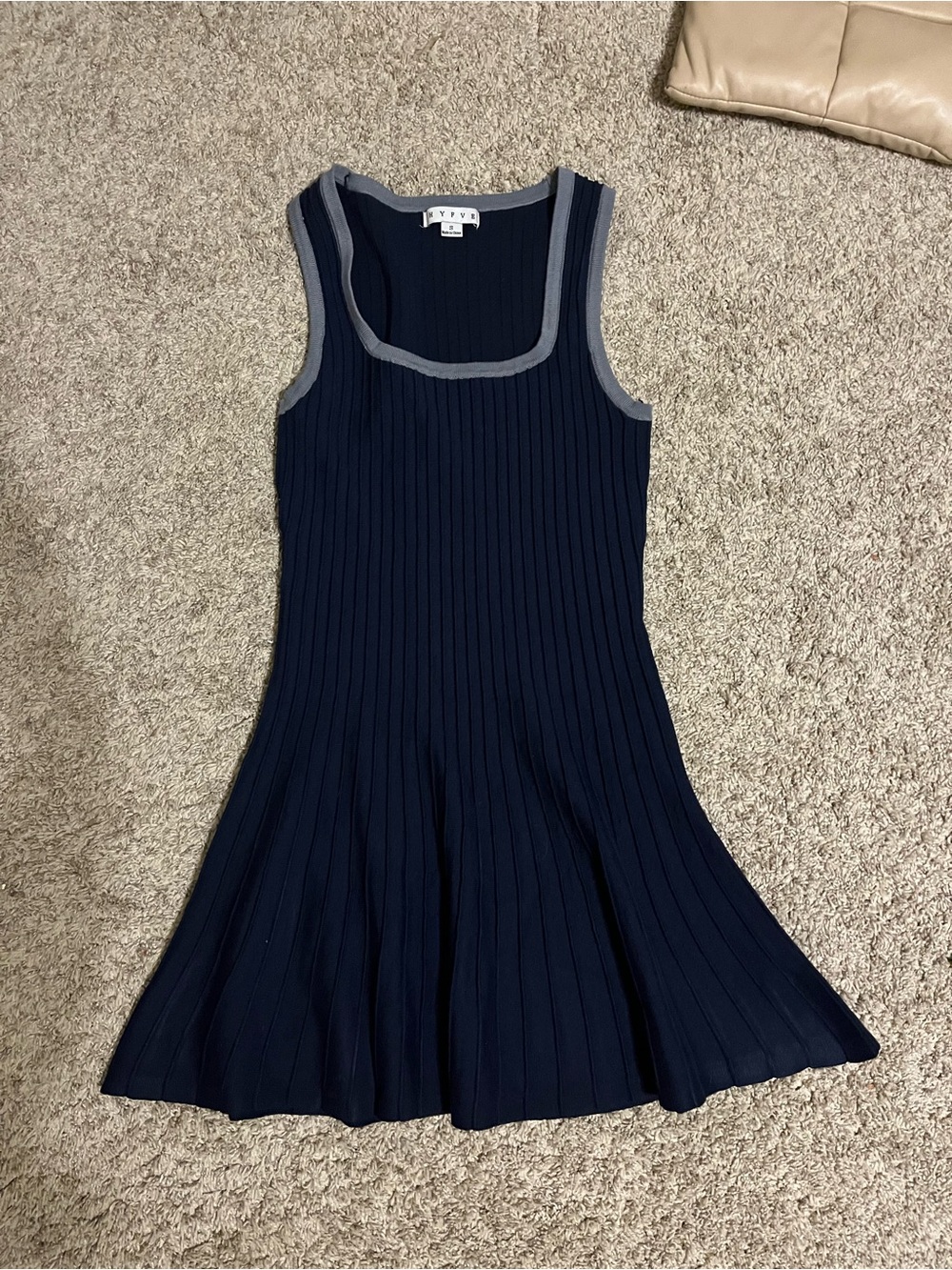 Navy Ribbed Knit Tank Dress with Gray Trim